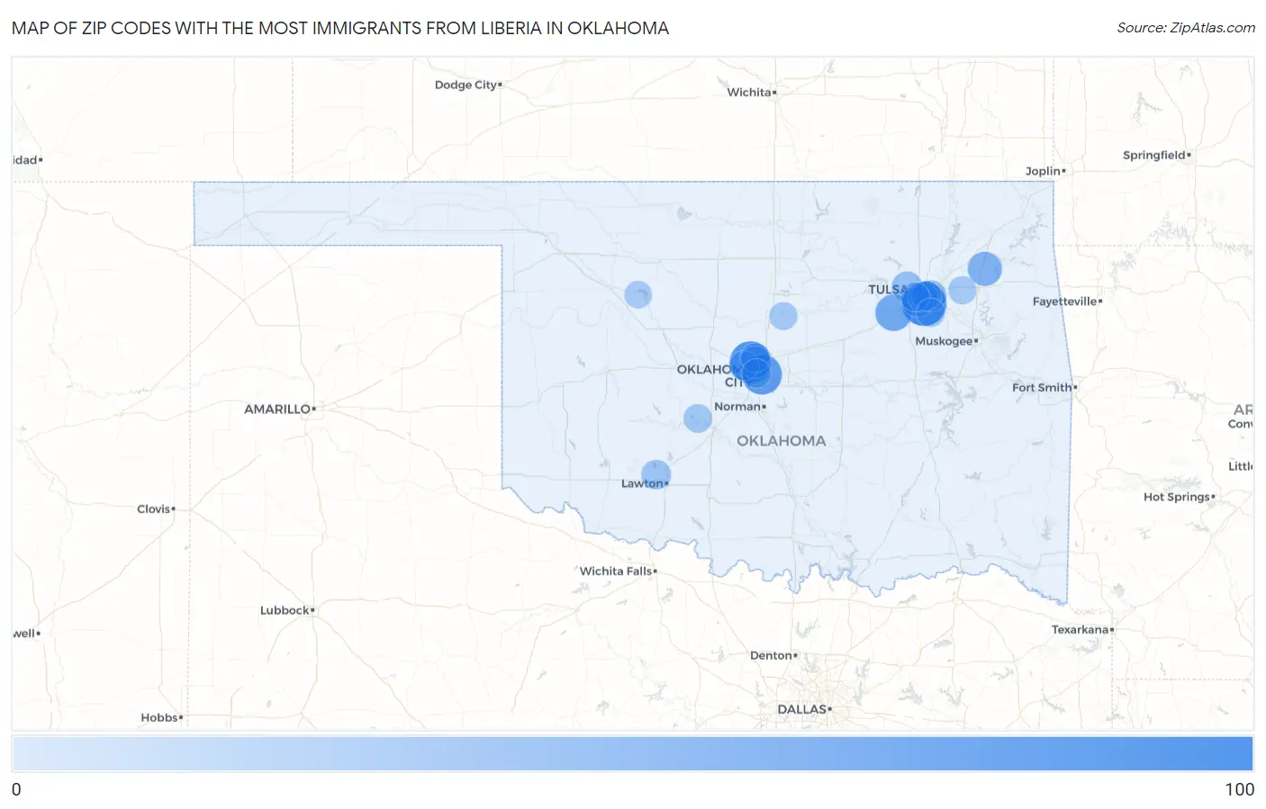 Zip Codes with the Most Immigrants from Liberia in Oklahoma Map