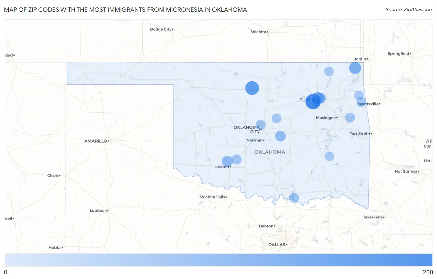 Zip Codes with the Most Immigrants from Micronesia in Oklahoma Map