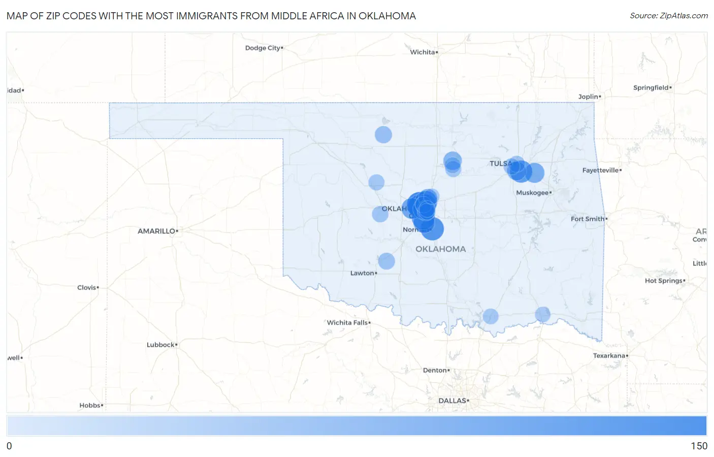 Zip Codes with the Most Immigrants from Middle Africa in Oklahoma Map