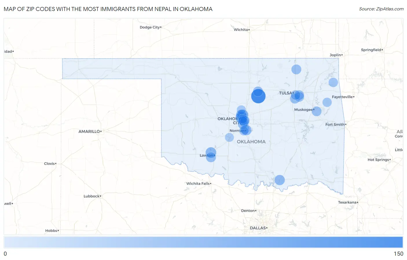 Zip Codes with the Most Immigrants from Nepal in Oklahoma Map