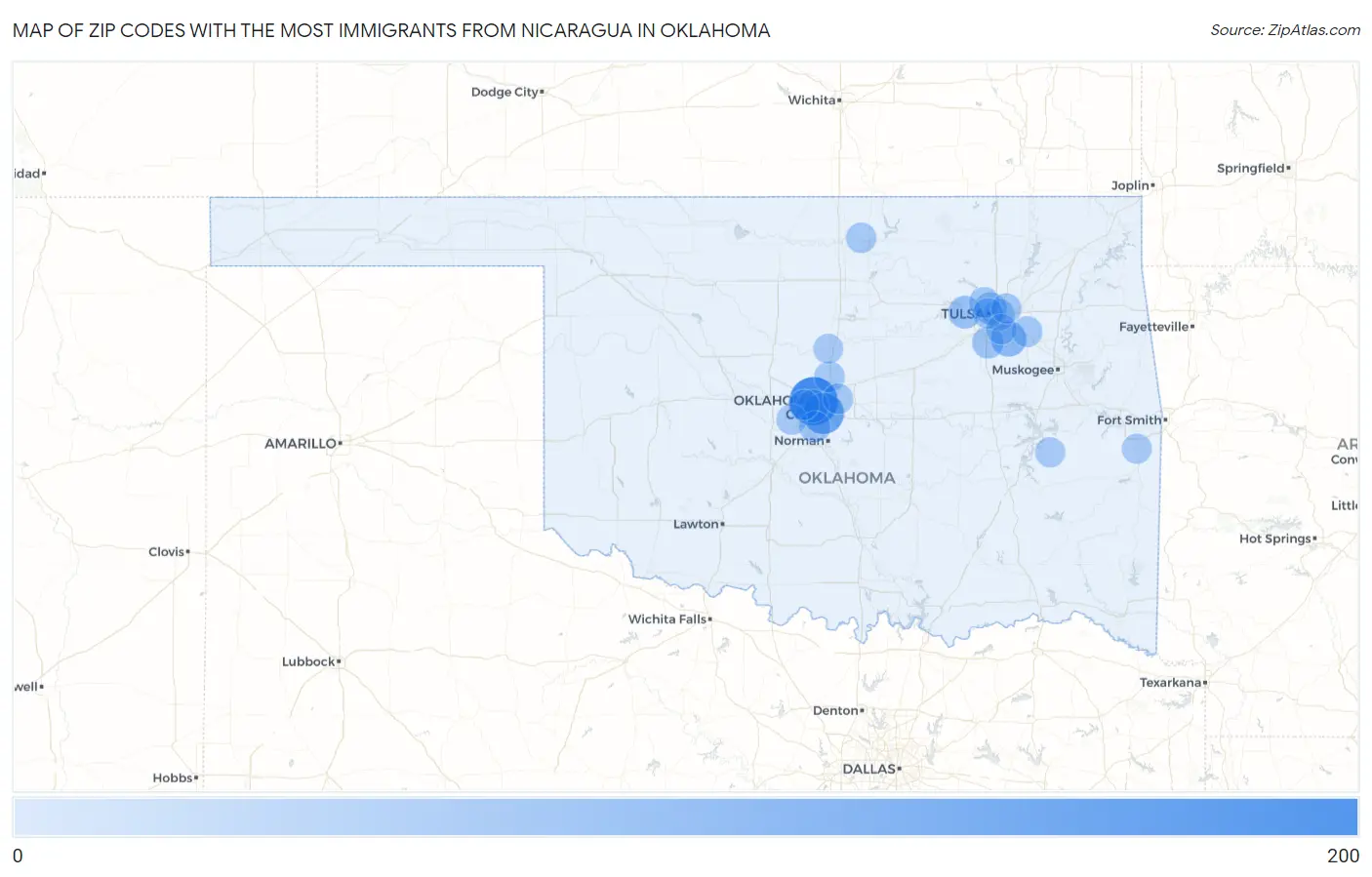 Zip Codes with the Most Immigrants from Nicaragua in Oklahoma Map