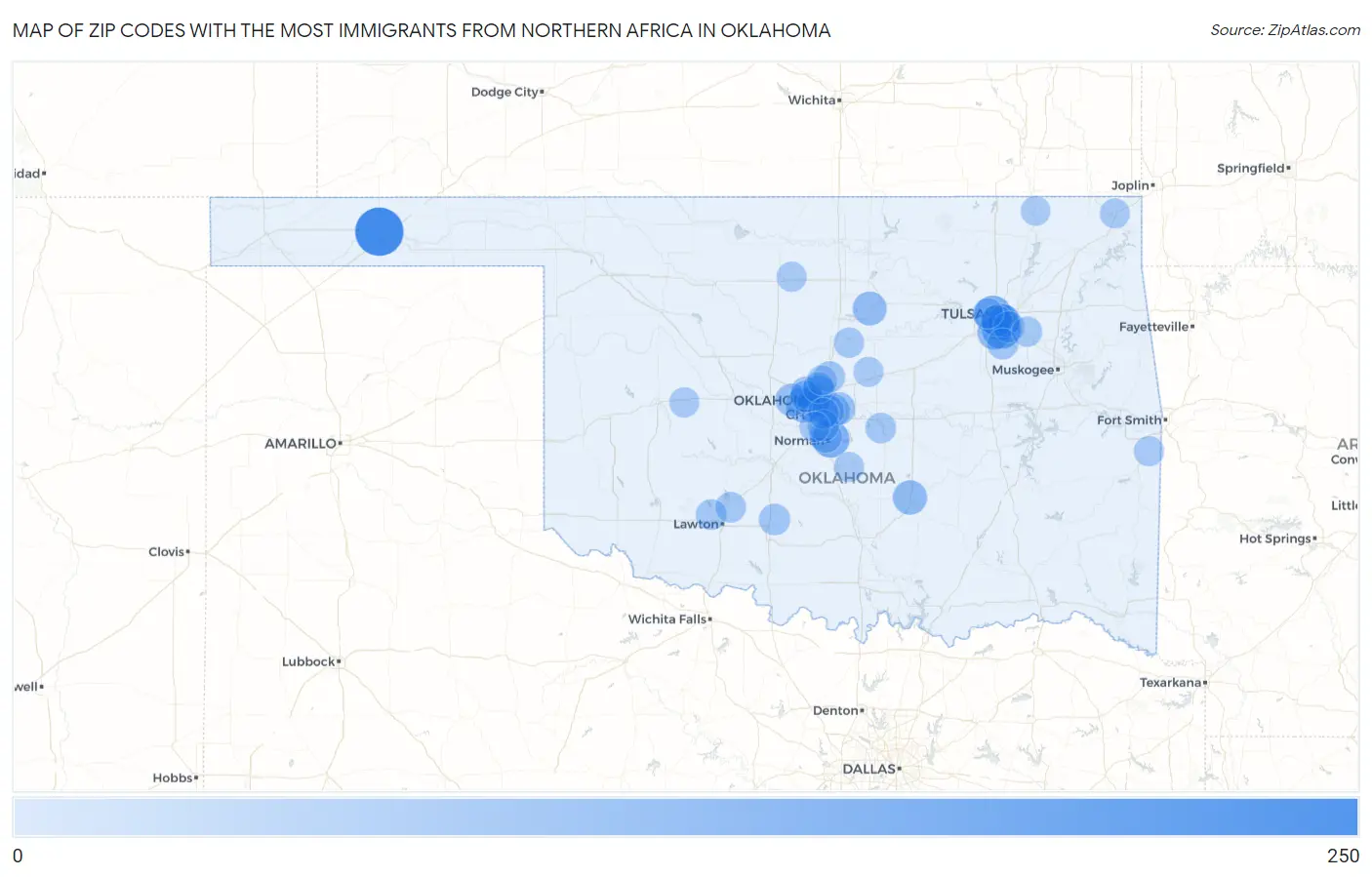 Zip Codes with the Most Immigrants from Northern Africa in Oklahoma Map
