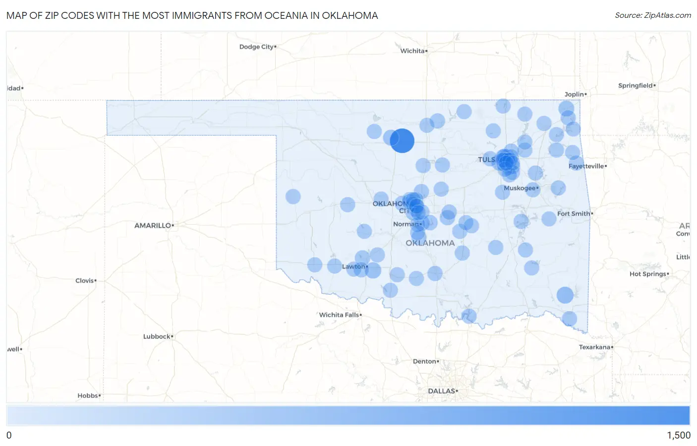 Zip Codes with the Most Immigrants from Oceania in Oklahoma Map