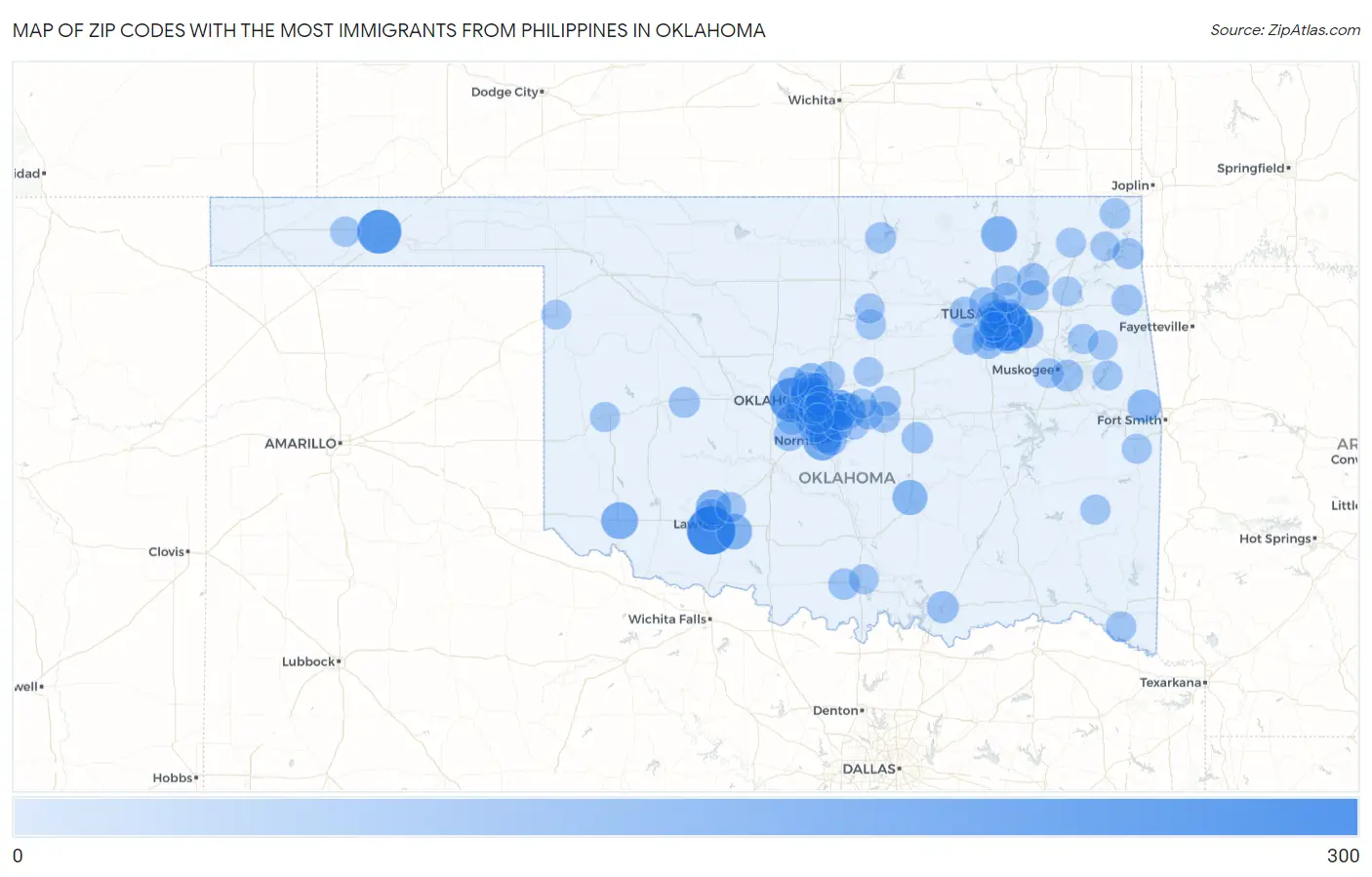 Zip Codes with the Most Immigrants from Philippines in Oklahoma Map