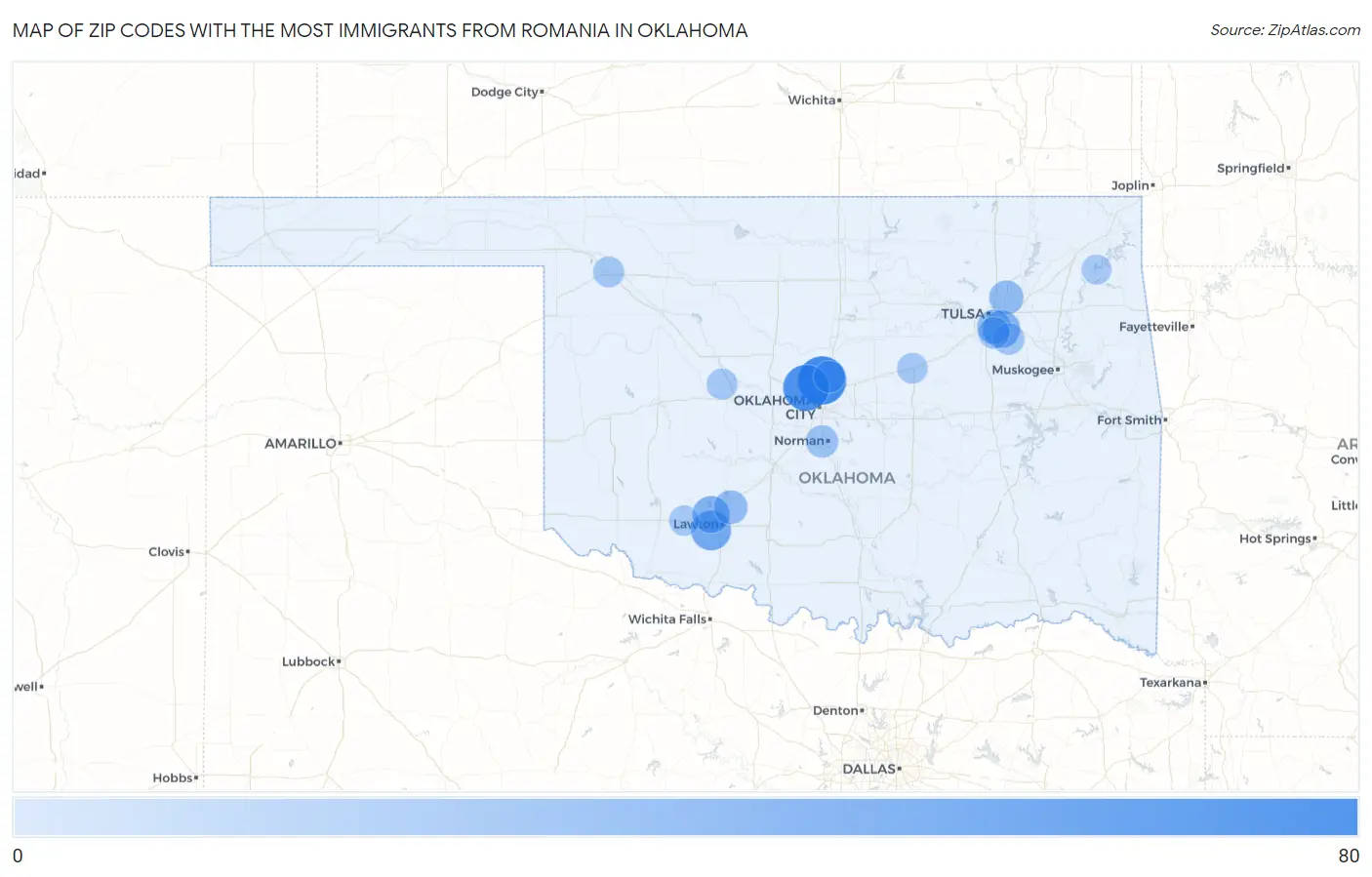 Zip Codes with the Most Immigrants from Romania in Oklahoma Map