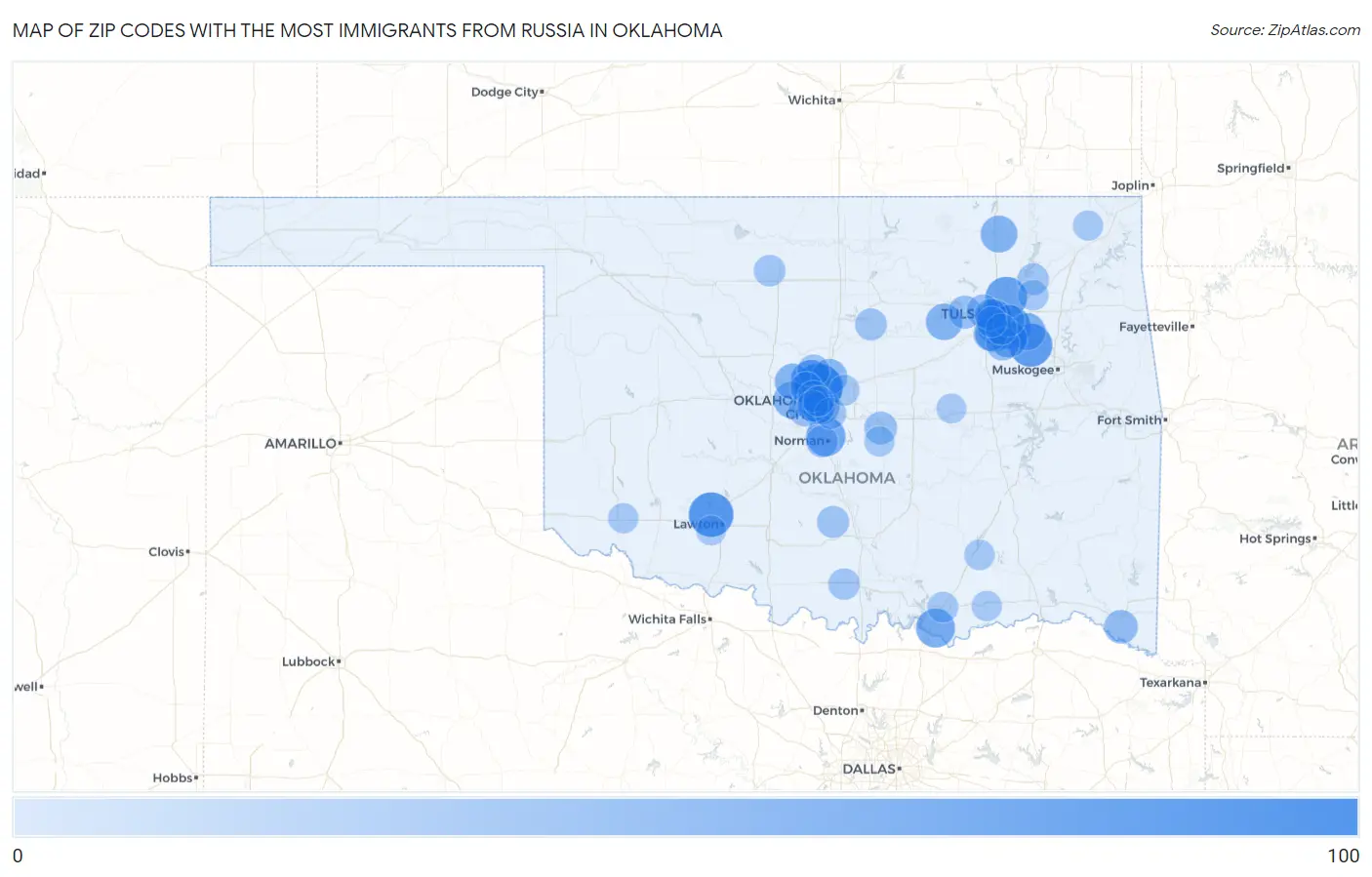 Zip Codes with the Most Immigrants from Russia in Oklahoma Map