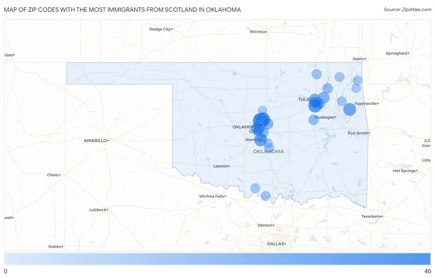 Zip Codes with the Most Immigrants from Scotland in Oklahoma Map