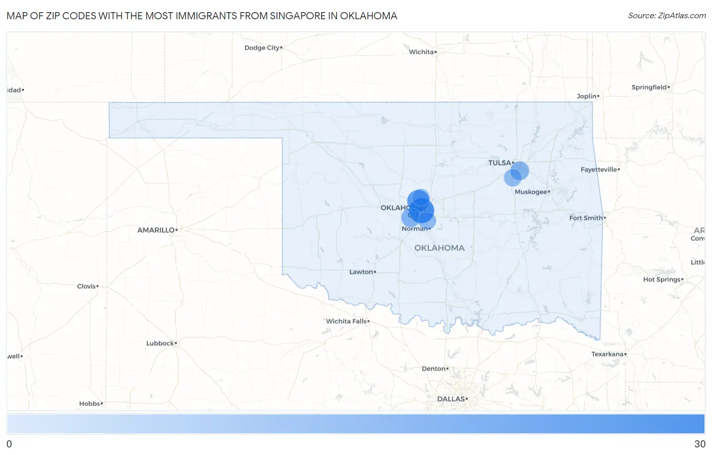 Zip Codes with the Most Immigrants from Singapore in Oklahoma Map