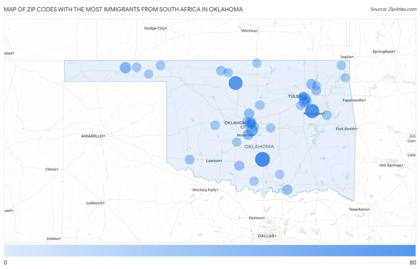 Zip Codes with the Most Immigrants from South Africa in Oklahoma Map