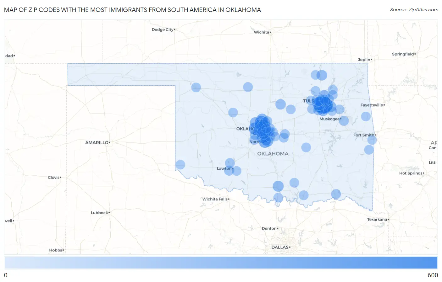 Zip Codes with the Most Immigrants from South America in Oklahoma Map