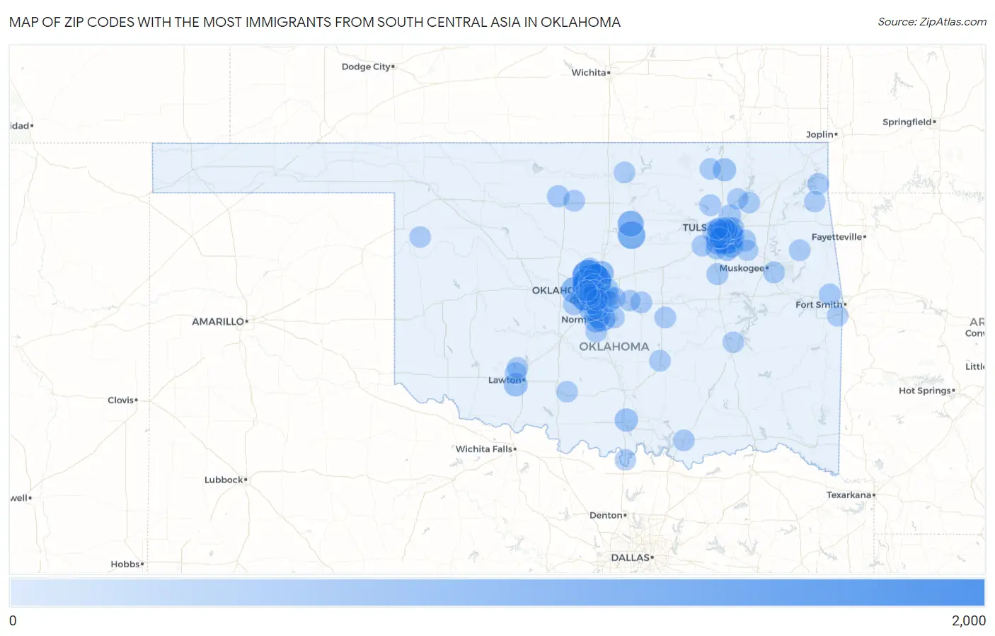 Zip Codes with the Most Immigrants from South Central Asia in Oklahoma Map