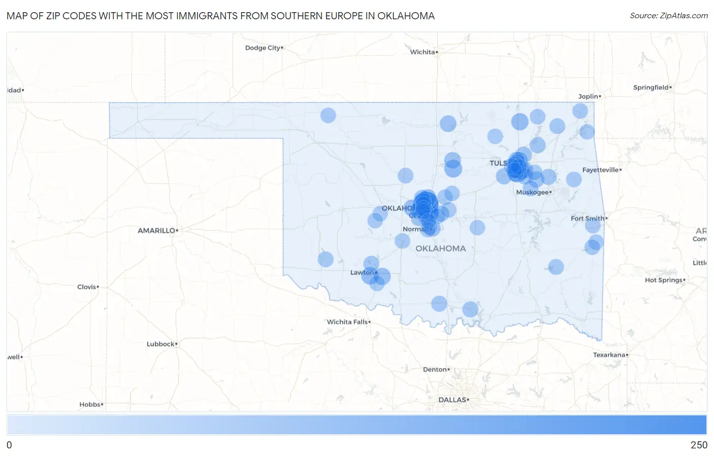 Zip Codes with the Most Immigrants from Southern Europe in Oklahoma Map