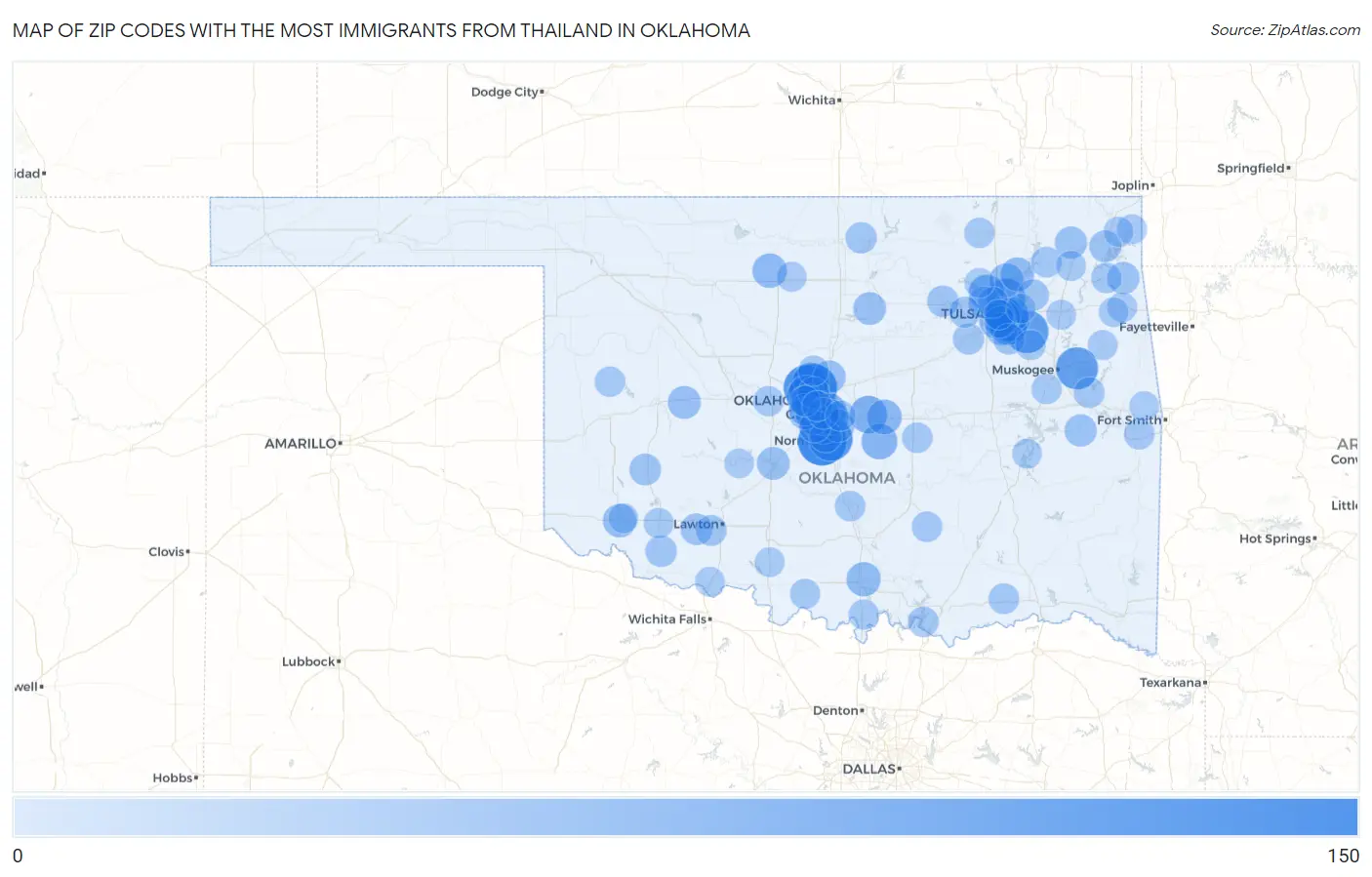 Zip Codes with the Most Immigrants from Thailand in Oklahoma Map