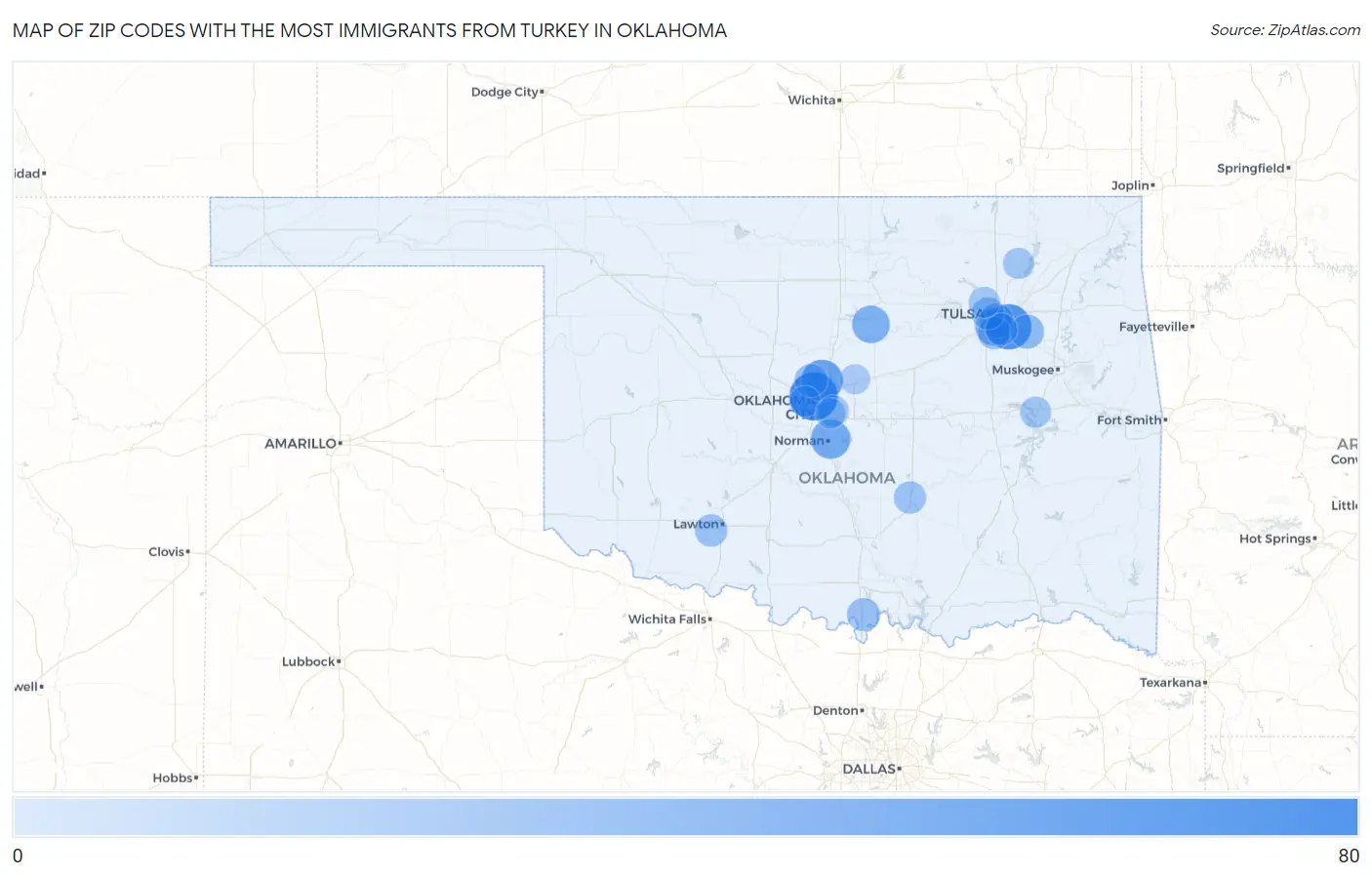 Zip Codes with the Most Immigrants from Turkey in Oklahoma Map