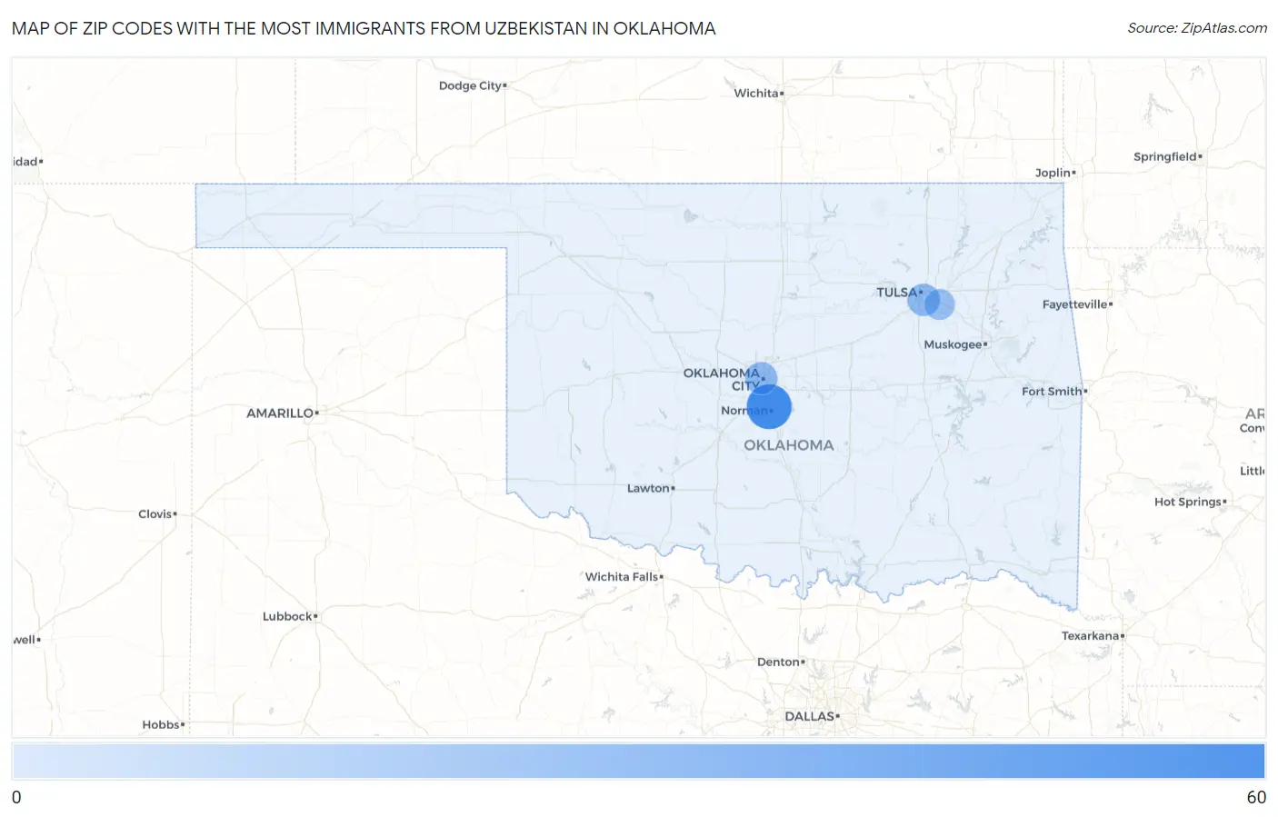Zip Codes with the Most Immigrants from Uzbekistan in Oklahoma Map