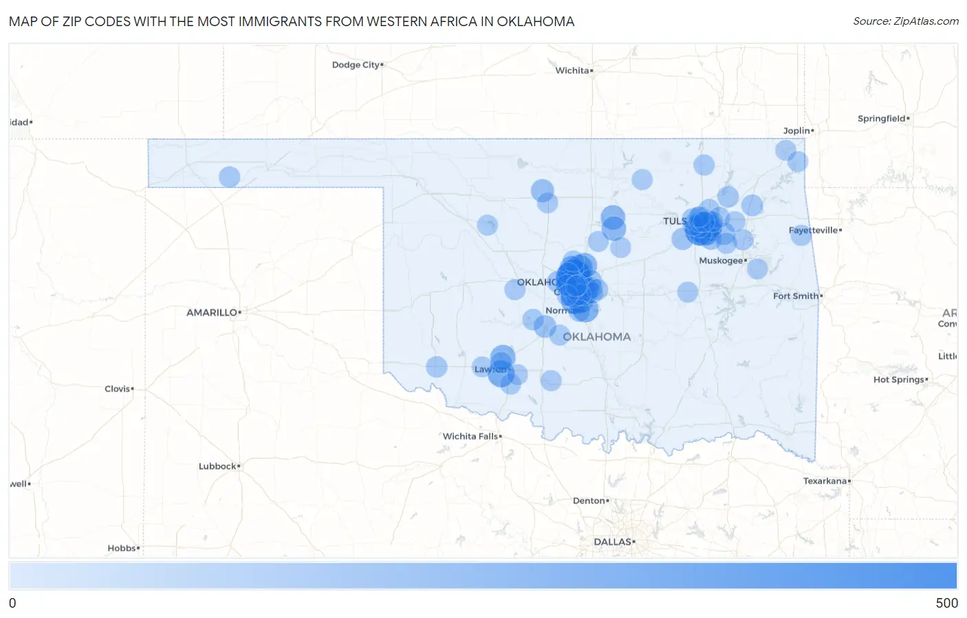 Zip Codes with the Most Immigrants from Western Africa in Oklahoma Map