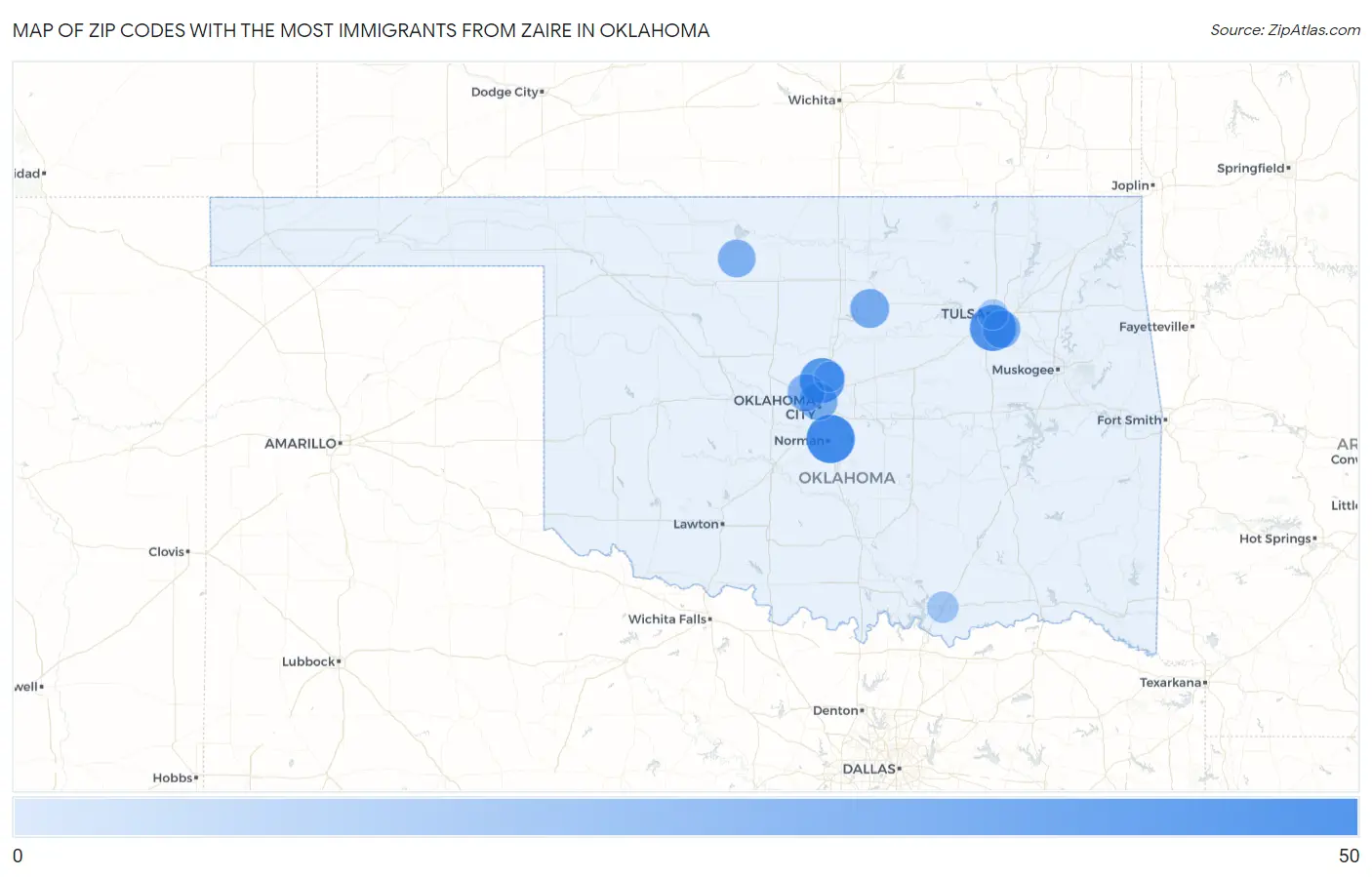 Zip Codes with the Most Immigrants from Zaire in Oklahoma Map