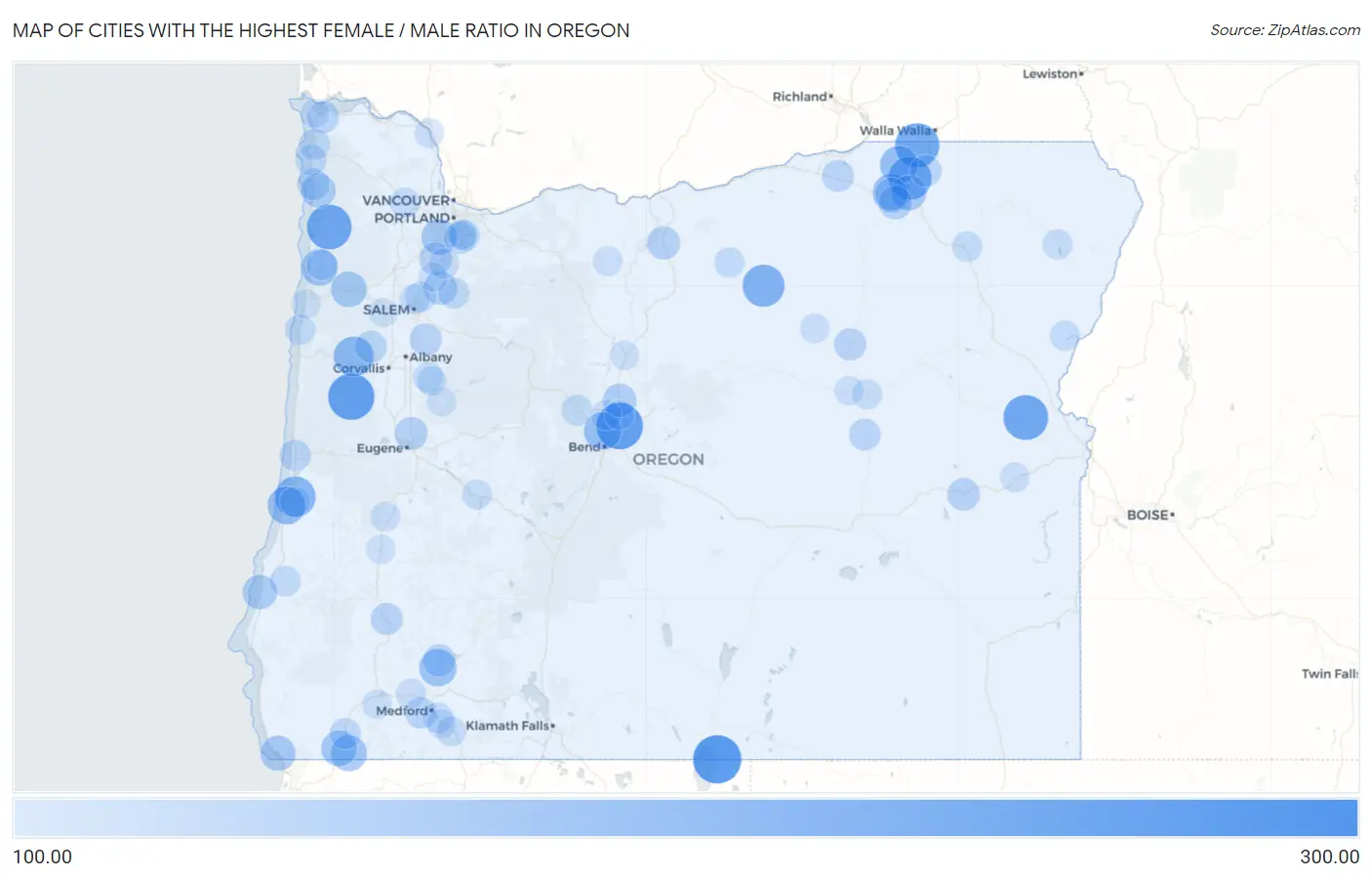 Cities with the Highest Female / Male Ratio in Oregon Map