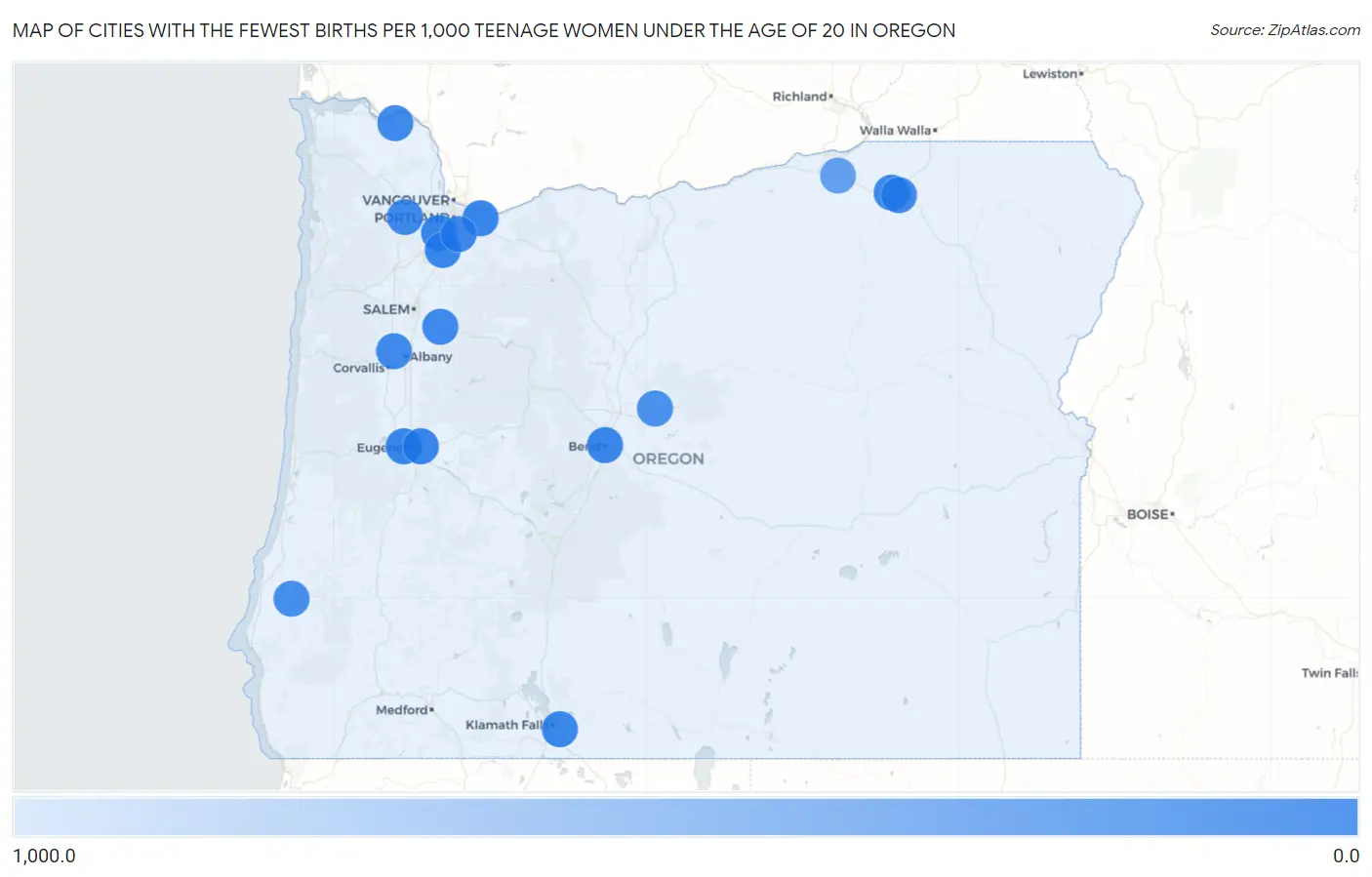 Cities with the Fewest Births per 1,000 Teenage Women Under the Age of 20 in Oregon Map