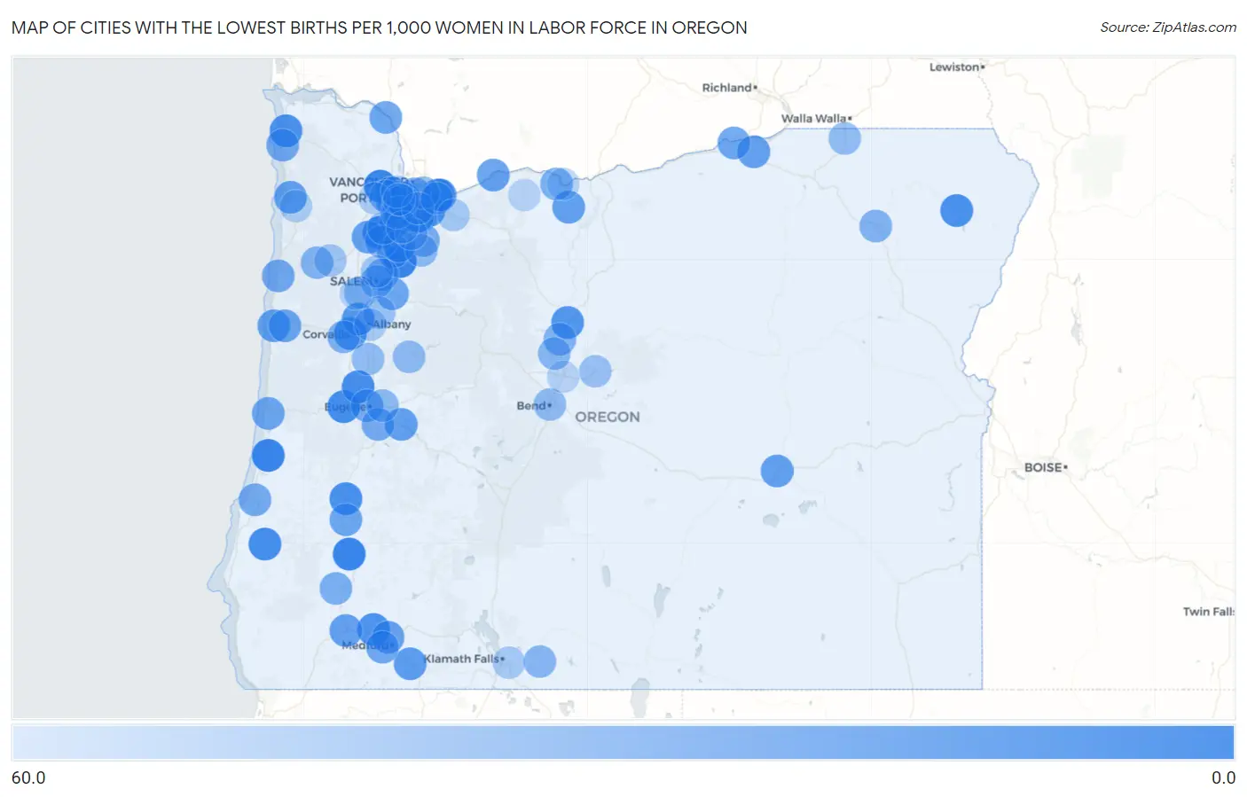Cities with the Lowest Births per 1,000 Women in Labor Force in Oregon Map