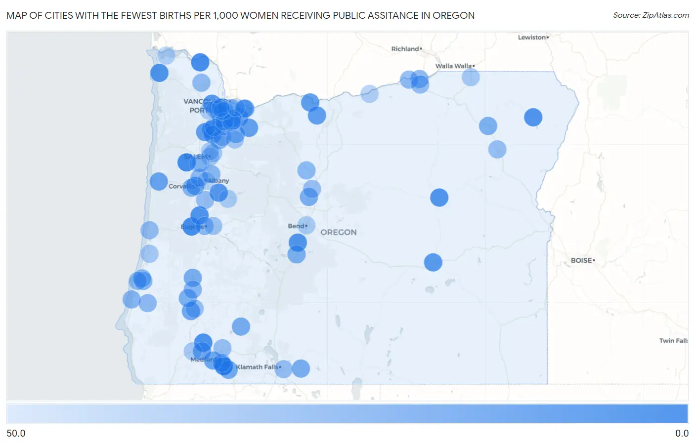 Cities with the Fewest Births per 1,000 Women Receiving Public Assitance in Oregon Map