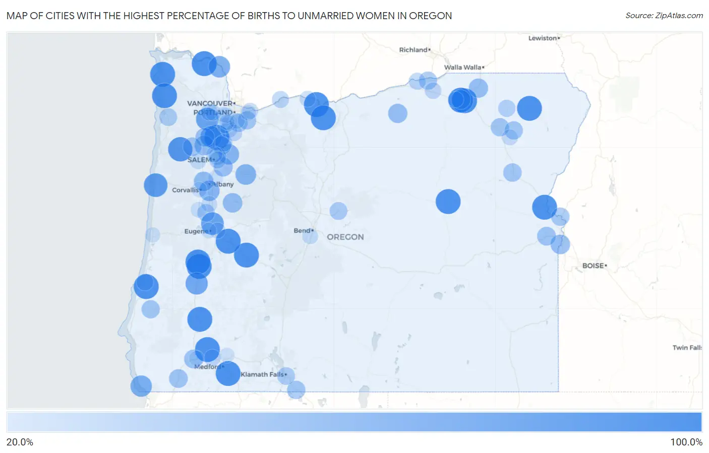 Cities with the Highest Percentage of Births to Unmarried Women in Oregon Map