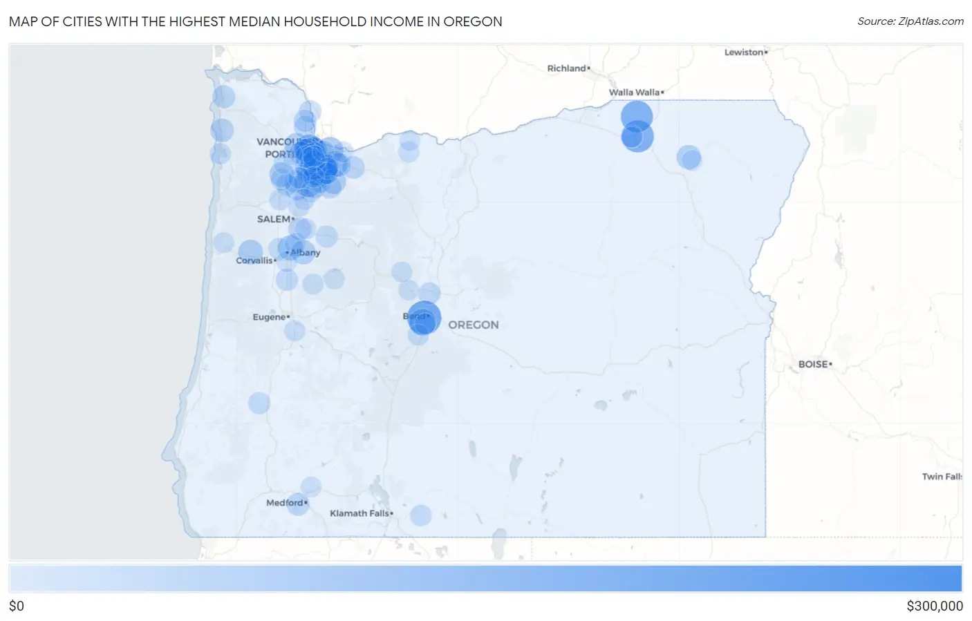 Cities with the Highest Median Household Income in Oregon Map