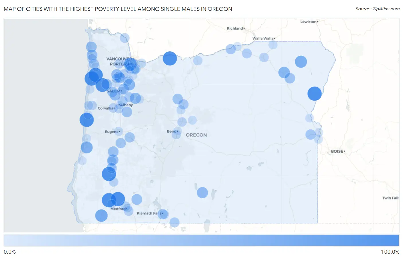 Cities with the Highest Poverty Level Among Single Males in Oregon Map