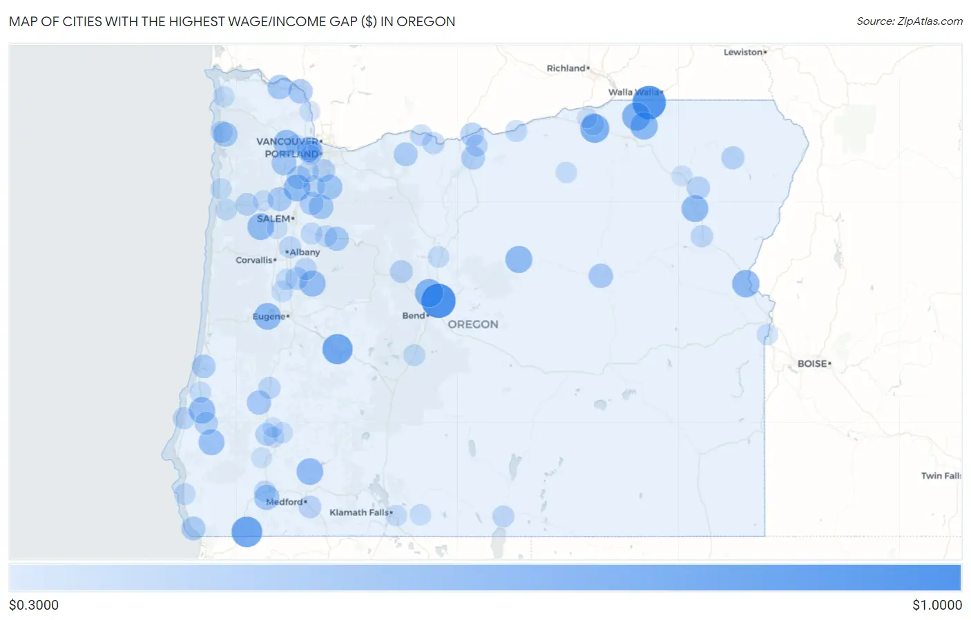Cities with the Highest Wage/Income Gap ($) in Oregon Map