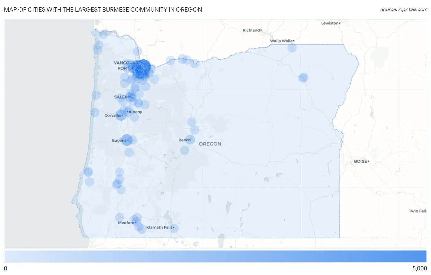 Cities with the Largest Burmese Community in Oregon Map