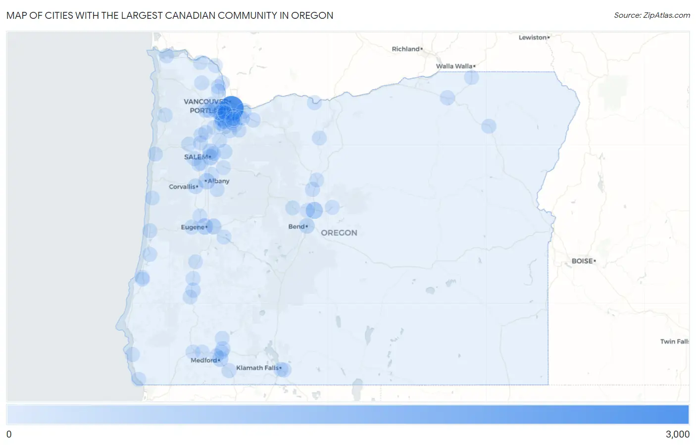 Cities with the Largest Canadian Community in Oregon Map