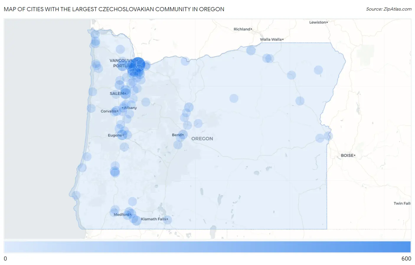 Cities with the Largest Czechoslovakian Community in Oregon Map