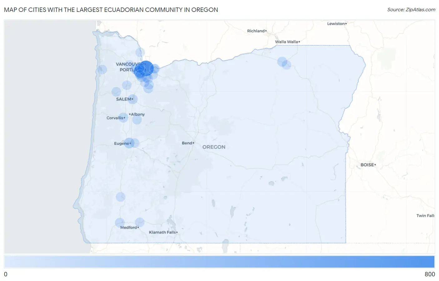 Cities with the Largest Ecuadorian Community in Oregon Map