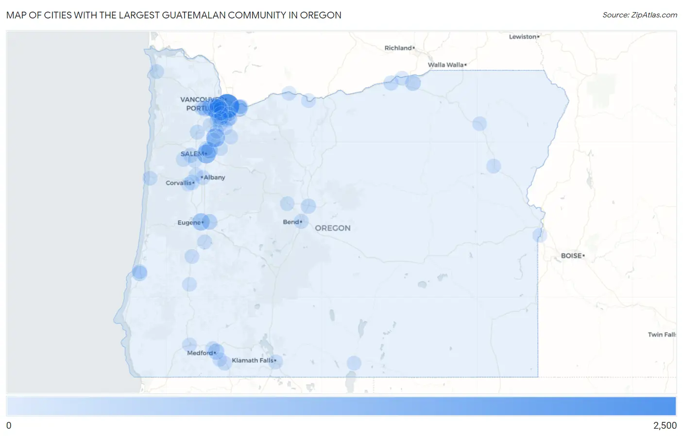 Cities with the Largest Guatemalan Community in Oregon Map