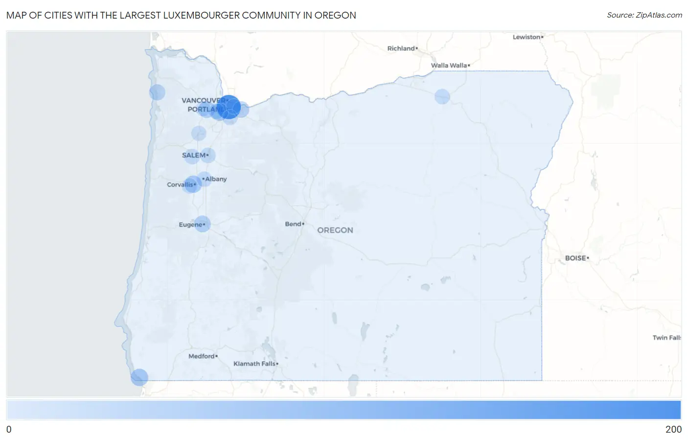 Cities with the Largest Luxembourger Community in Oregon Map