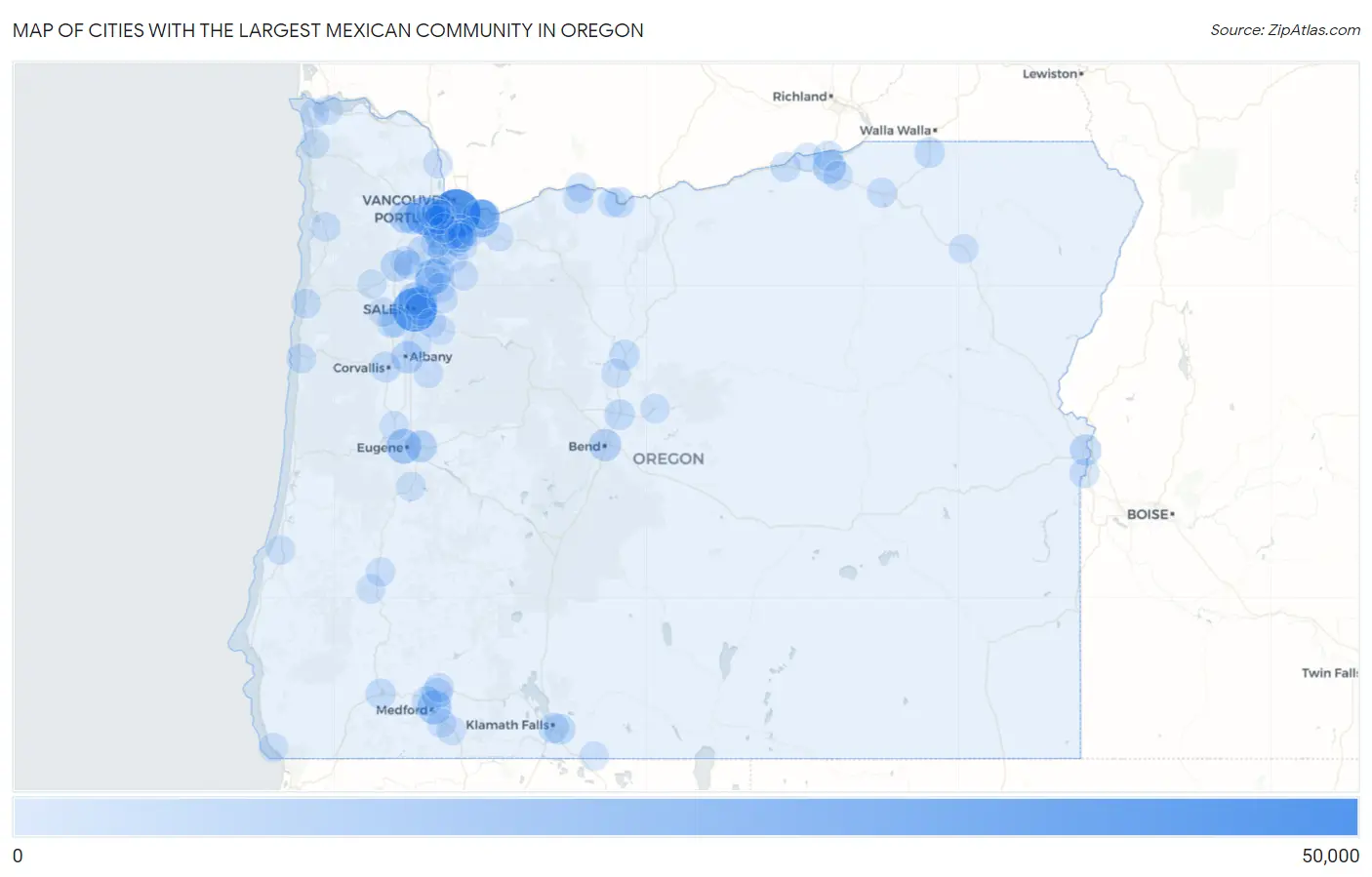 Cities with the Largest Mexican Community in Oregon Map