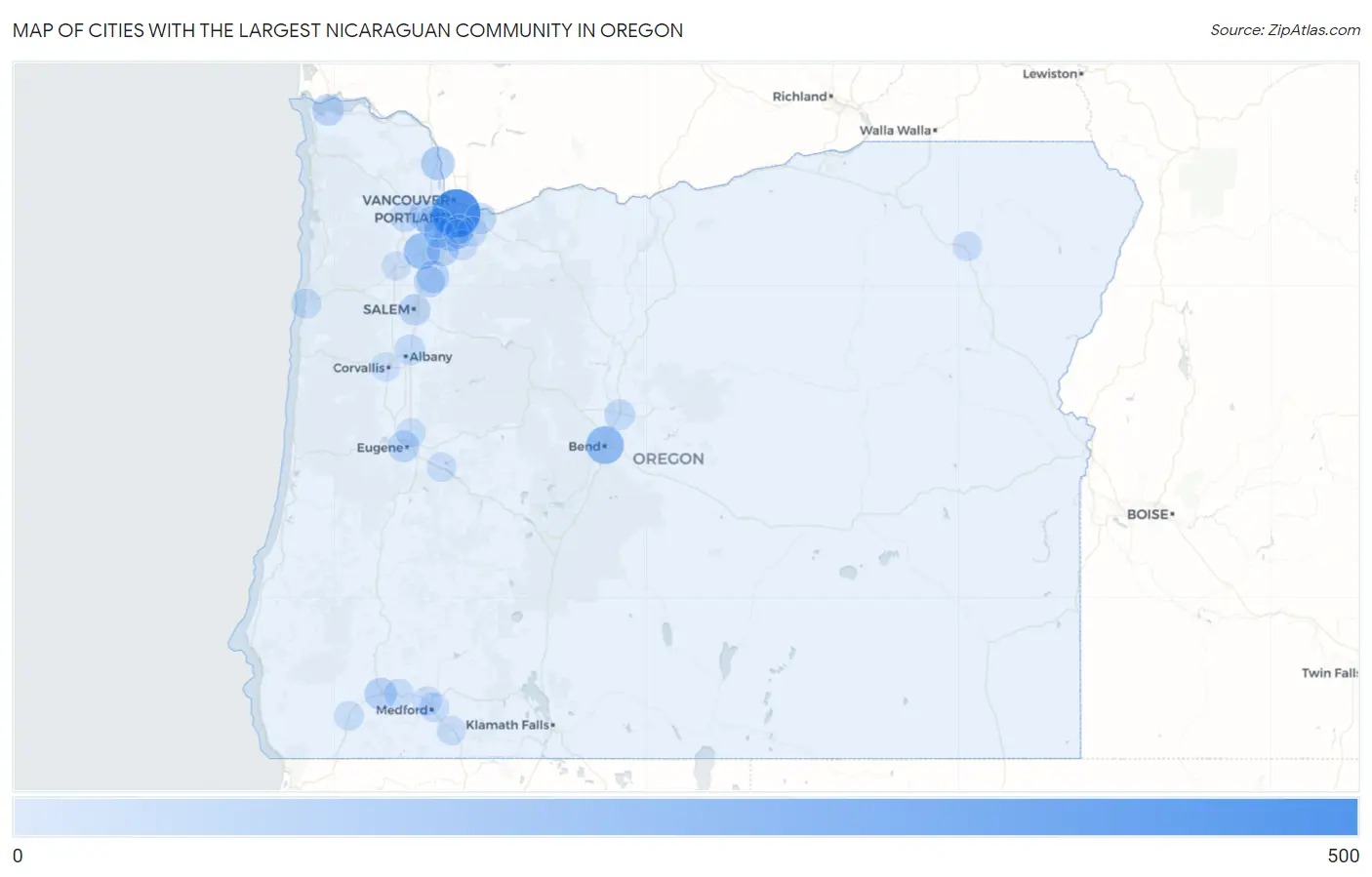 Cities with the Largest Nicaraguan Community in Oregon Map