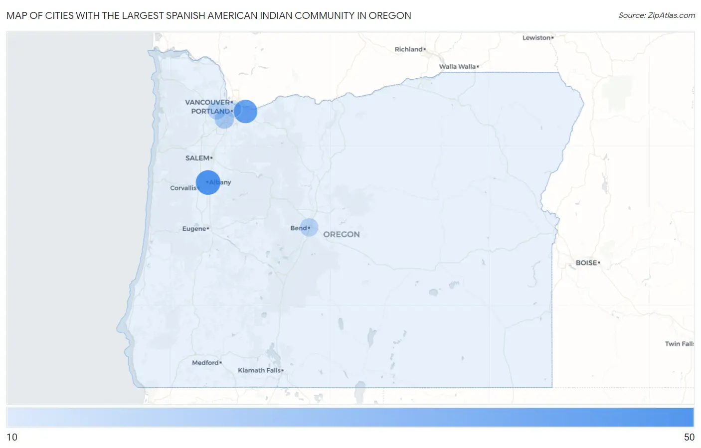 Cities with the Largest Spanish American Indian Community in Oregon Map