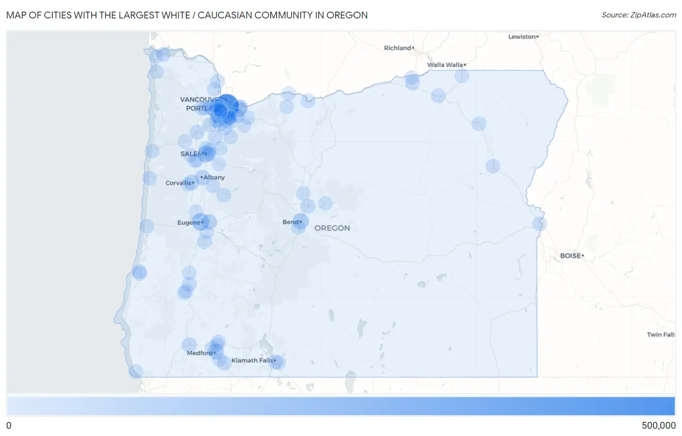Cities with the Largest White / Caucasian Community in Oregon Map
