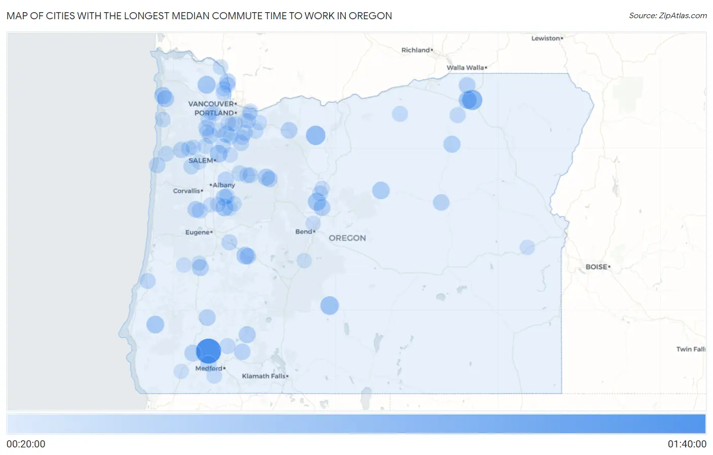 Cities with the Longest Median Commute Time to Work in Oregon Map