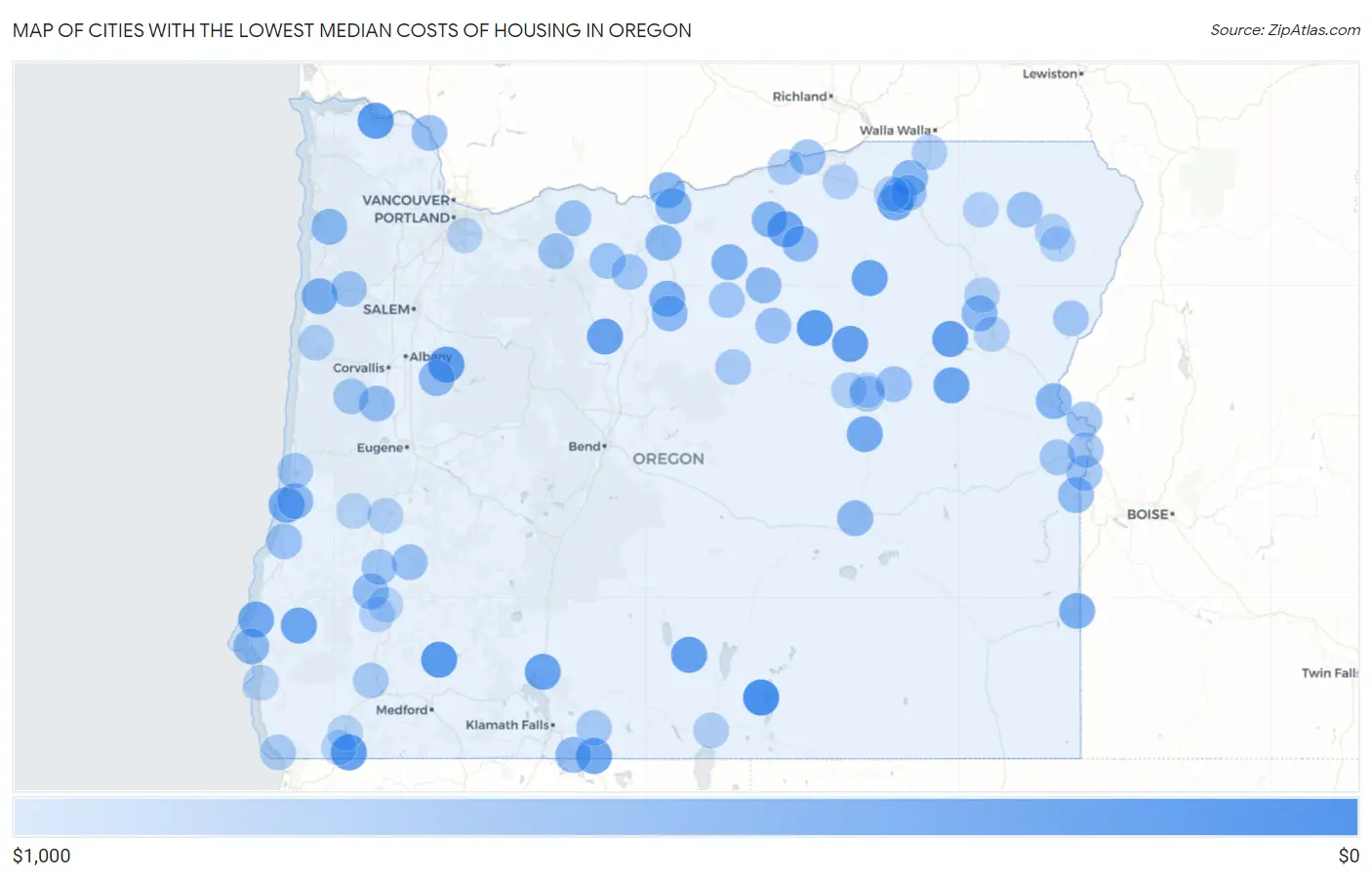 Cities with the Lowest Median Costs of Housing in Oregon Map