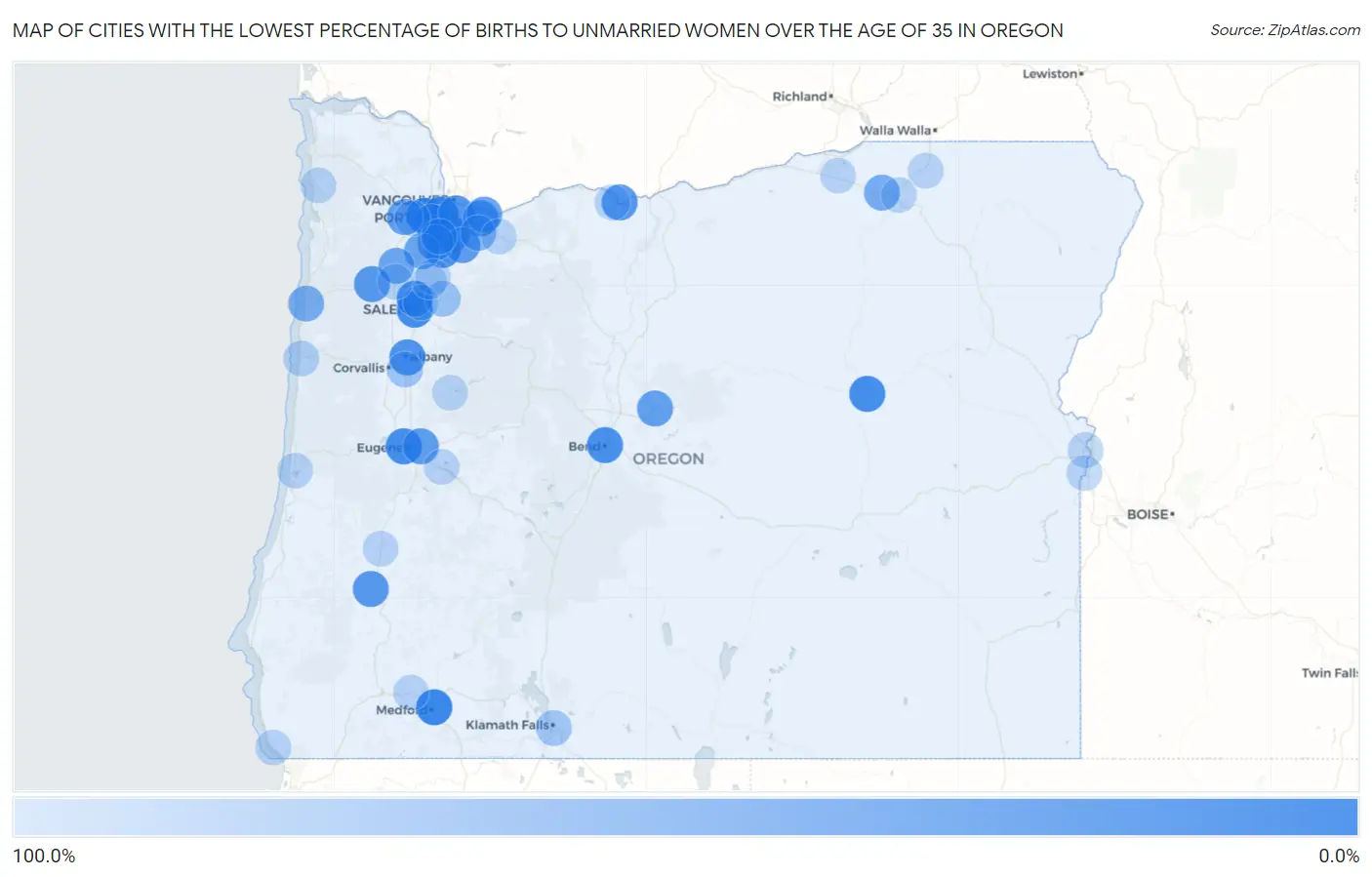 Cities with the Lowest Percentage of Births to Unmarried Women over the Age of 35 in Oregon Map
