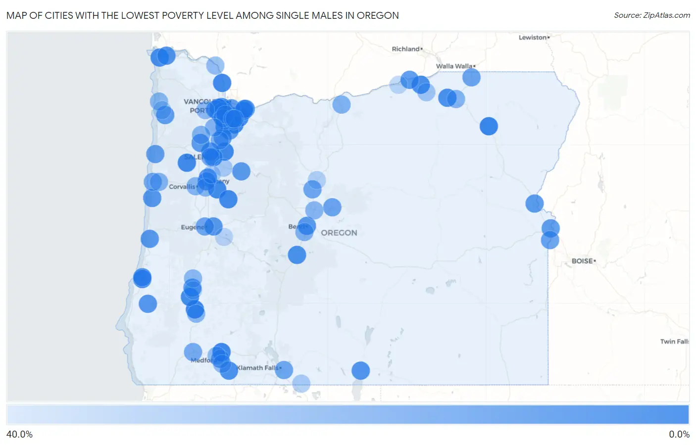 Cities with the Lowest Poverty Level Among Single Males in Oregon Map