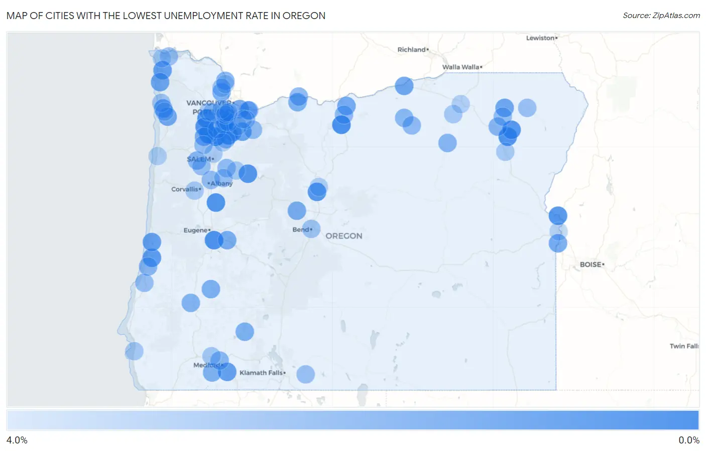 Cities with the Lowest Unemployment Rate in Oregon Map