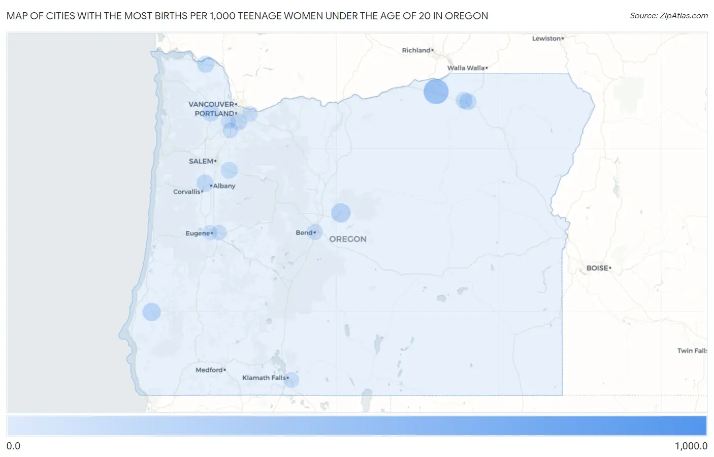 Cities with the Most Births per 1,000 Teenage Women Under the Age of 20 in Oregon Map