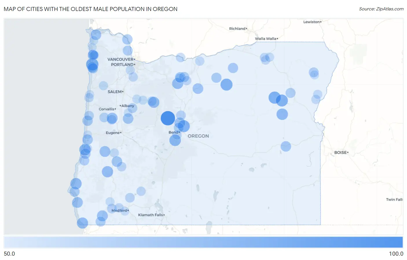 Cities with the Oldest Male Population in Oregon Map