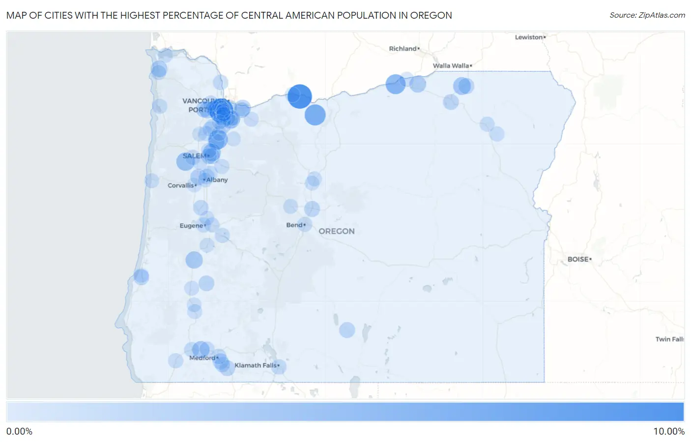 Cities with the Highest Percentage of Central American Population in Oregon Map