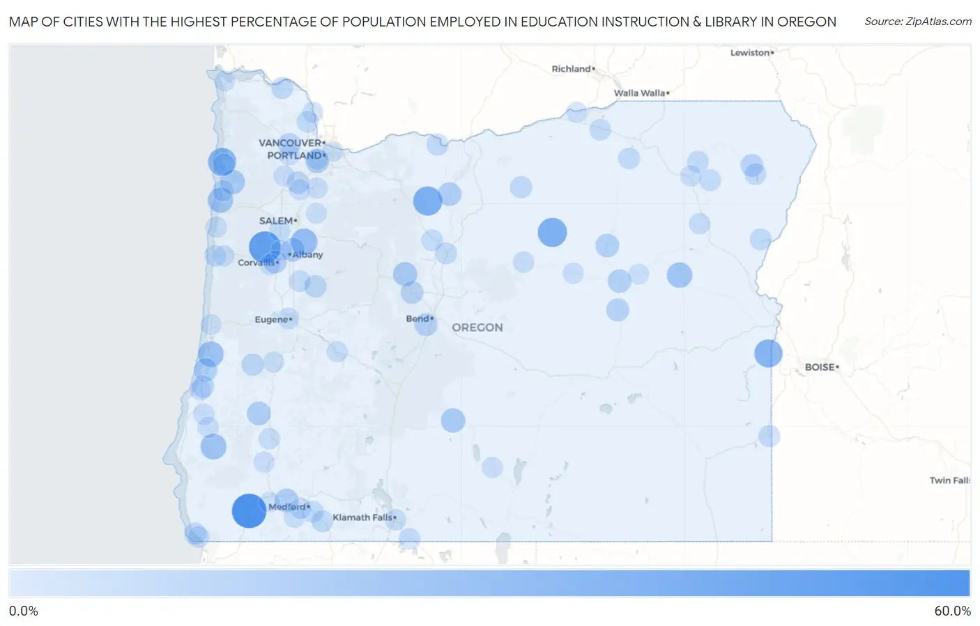 Cities with the Highest Percentage of Population Employed in Education Instruction & Library in Oregon Map