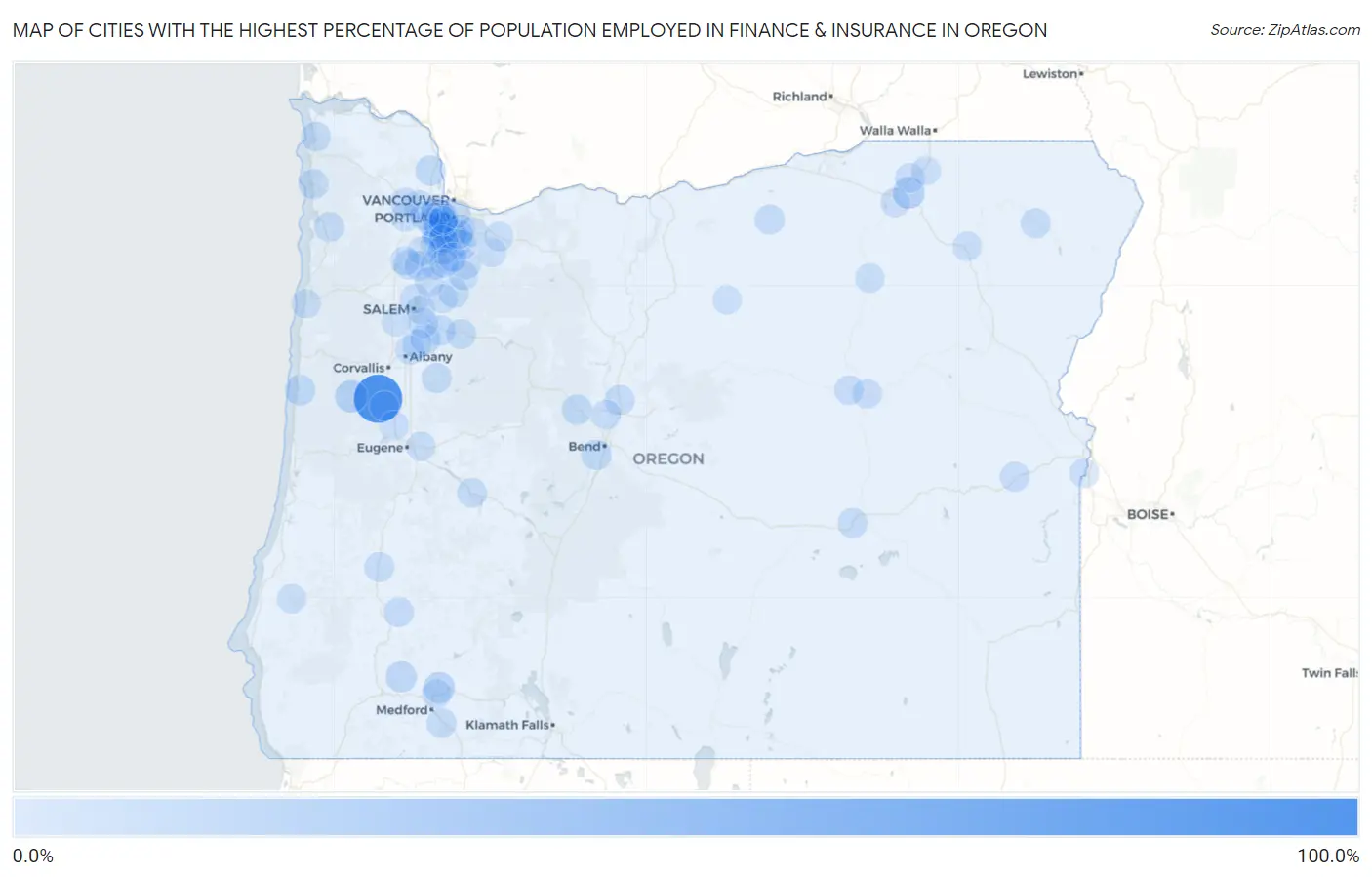 Cities with the Highest Percentage of Population Employed in Finance & Insurance in Oregon Map