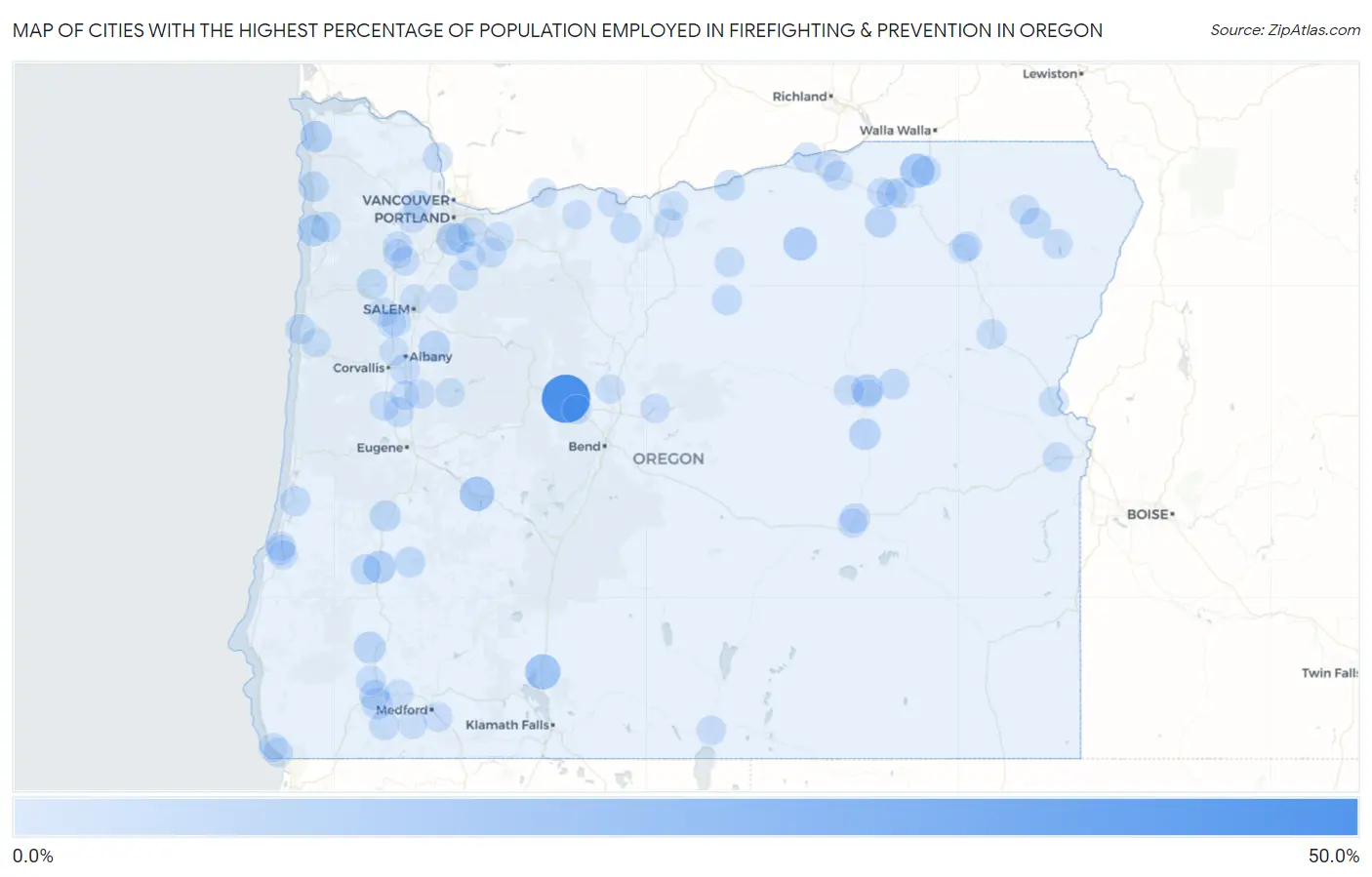 Cities with the Highest Percentage of Population Employed in Firefighting & Prevention in Oregon Map